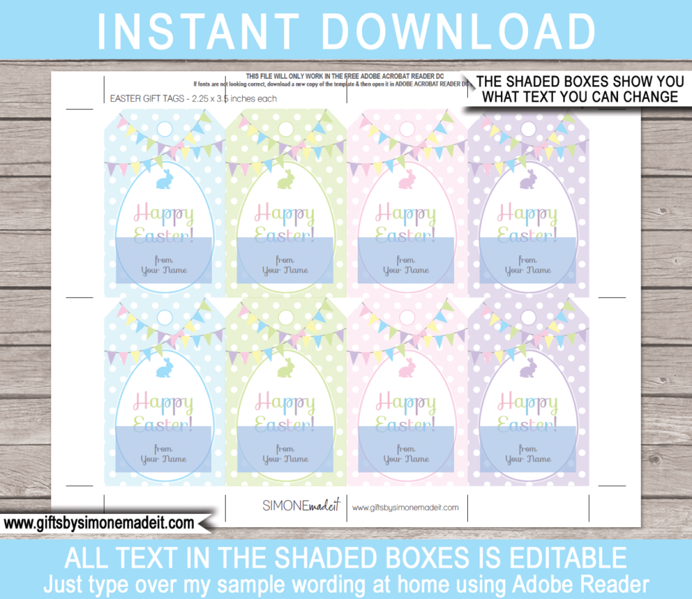 Printable Easter Gift Tags Template | Personalized Last Minute Easter Treat Tags | Last Minute Easter Basket Gifts | DIY Editable Template | INSTANT DOWNLOAD via giftsbysimonemadeit.com