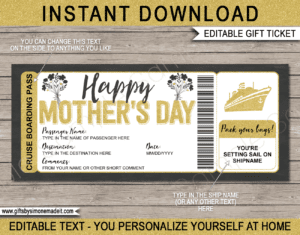 Printable Mother's Day Cruise Boarding Pass | DIY Print at Home Cruise Ticket | Surprise Cruise Reveal Gift for Mom | Editable Template | Instant Download via giftsbysimonemadeit.com