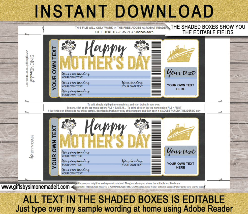 Printable Mother's Day Cruise Boarding Pass | DIY Print at Home Cruise Ticket | Surprise Cruise Reveal Gift for Mom | Editable Template | Instant Download via giftsbysimonemadeit.com