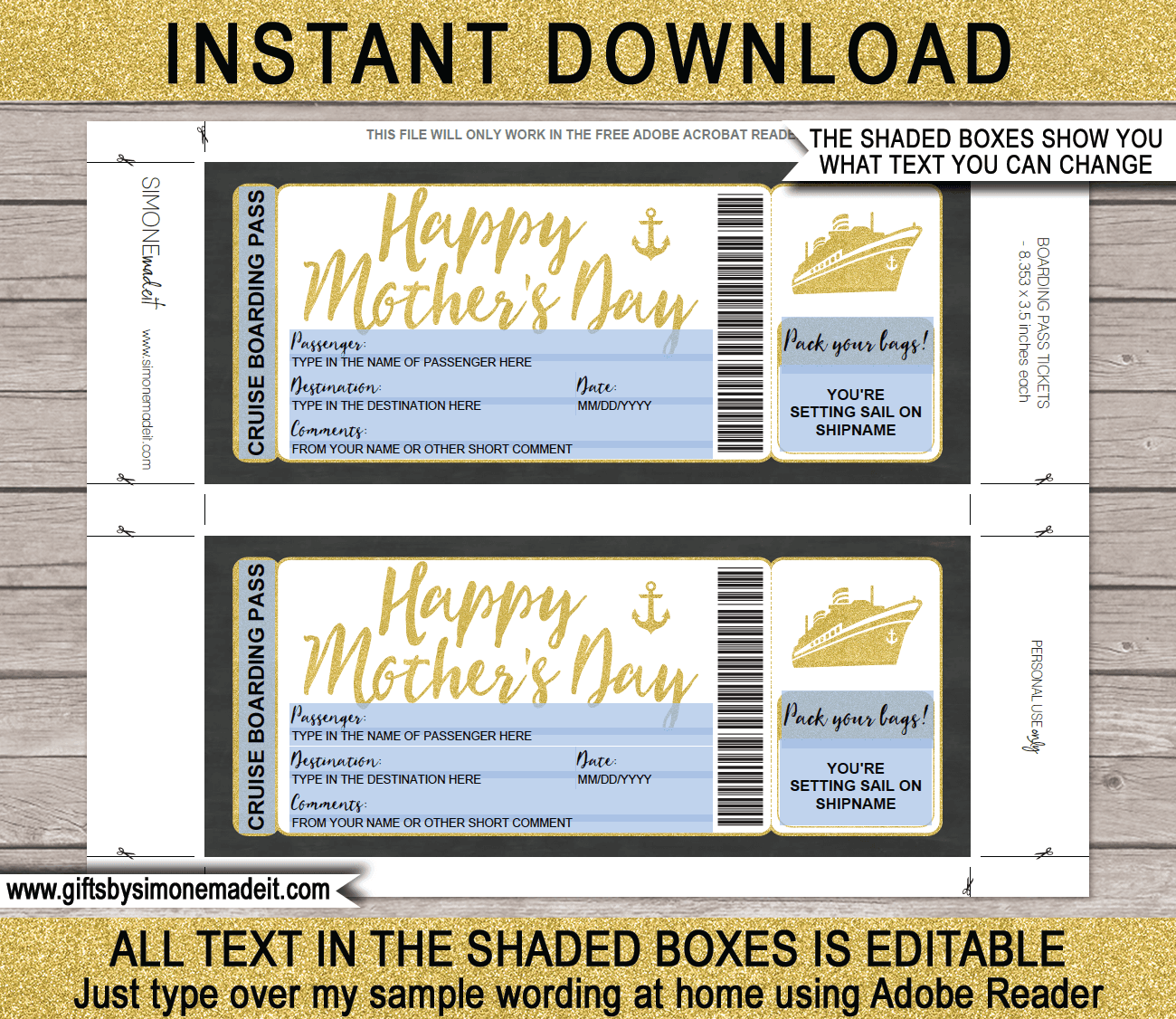 Printable Mother's Day Cruise Boarding Pass DIY Print at Home Ticket
