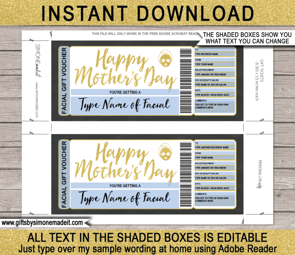 Editable & Printable Mother's Day Facial Gift Certificate Template | Print at Home Last Minute Gift for Mom | DIY | Instant Download via giftsbysimonemadeit.com