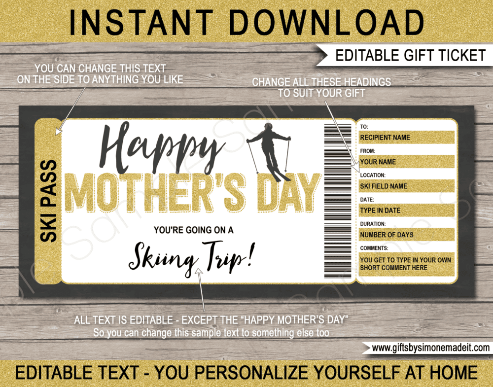 Mother's Day Ski Trip Gift Voucher Template | Print at Home Skiing Ticket | Fake Ticket | Customized & Personalized Ski Pass | INSTANT DOWNLOAD via giftsbysimonemadeit.com