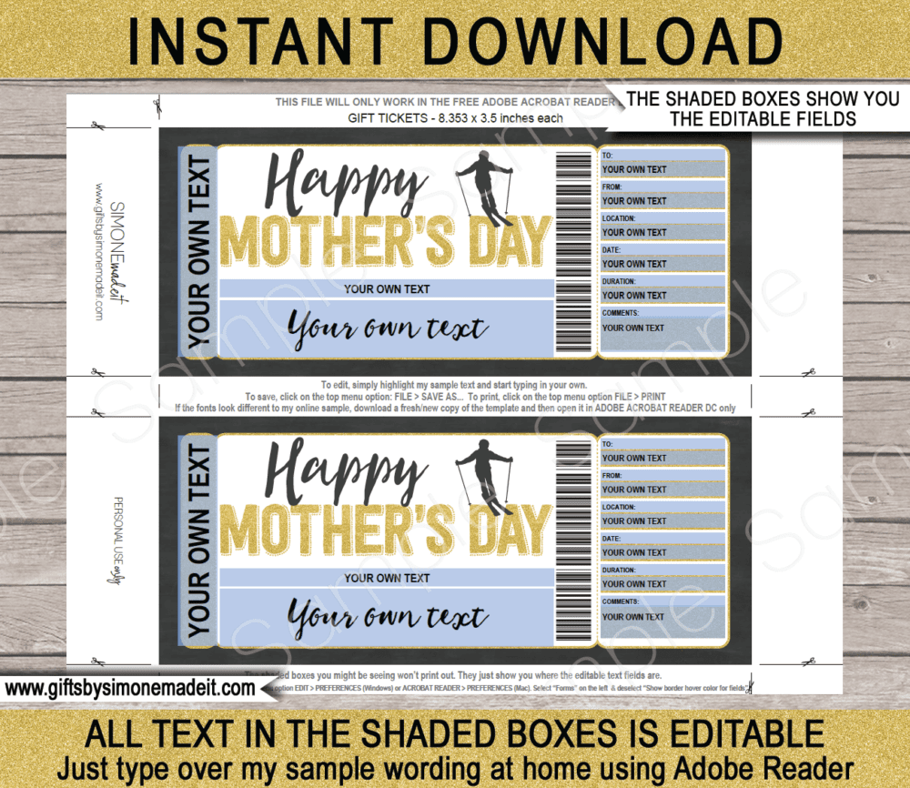 Mother's Day Ski Trip Gift Voucher Template | Print at Home Skiing Ticket | Fake Ticket | Customized & Personalized Ski Pass | INSTANT DOWNLOAD via giftsbysimonemadeit.com