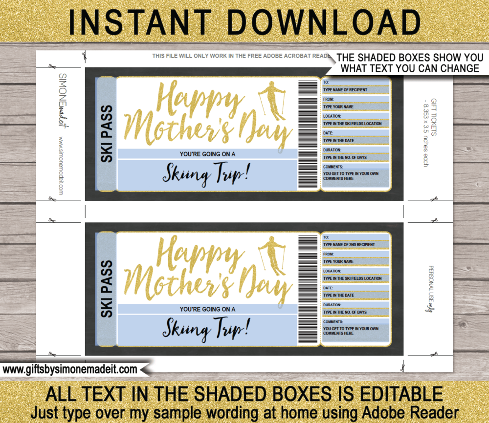 Editable & Printable Mother's Day Ski Trip Gift Voucher Template | Print at Home Skiing Ticket | Fake Ticket | Customized & Personalized Ski Pass | INSTANT DOWNLOAD via giftsbysimonemadeit.com