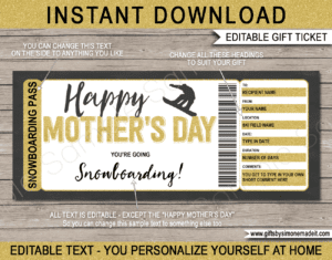 Mother's Day Snowboarding Gift Voucher Template | Print at Home Snowboarding Ticket | Fake Ticket | Customized & Personalized Ski Pass | INSTANT DOWNLOAD via giftsbysimonemadeit.com