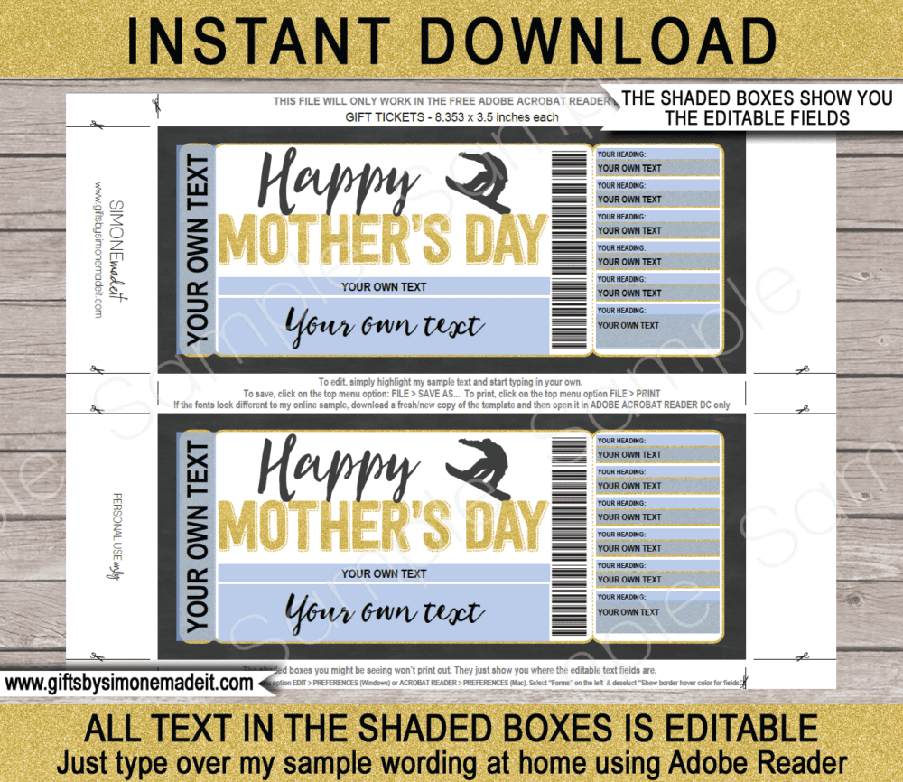 Mother's Day Snowboarding Gift Voucher Template | Print at Home Snowboarding Ticket | Fake Ticket | Customized & Personalized Ski Pass | INSTANT DOWNLOAD via giftsbysimonemadeit.com