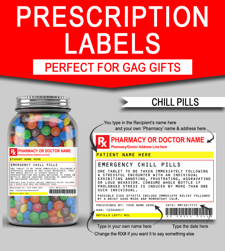 Printable Gag Prescription Label templates | Fake RX Prescriptions with Editable text | Chill Pills | Old Age Pills | Over the Hill Pills | Prescription Wine | Prescription Vodka | Prescription Gin | Emergency Chocolate | Gifts for Mom | Back to School, End of Year Teacher Appreciation gift | Good Luck Studying Student Gift | Christmas Gift | Secret Santa Gift | Kris Kringle Gift | Gifts for friend, office coworker, boss, family | INSTANT DOWNLOAD via simonemadeit.com