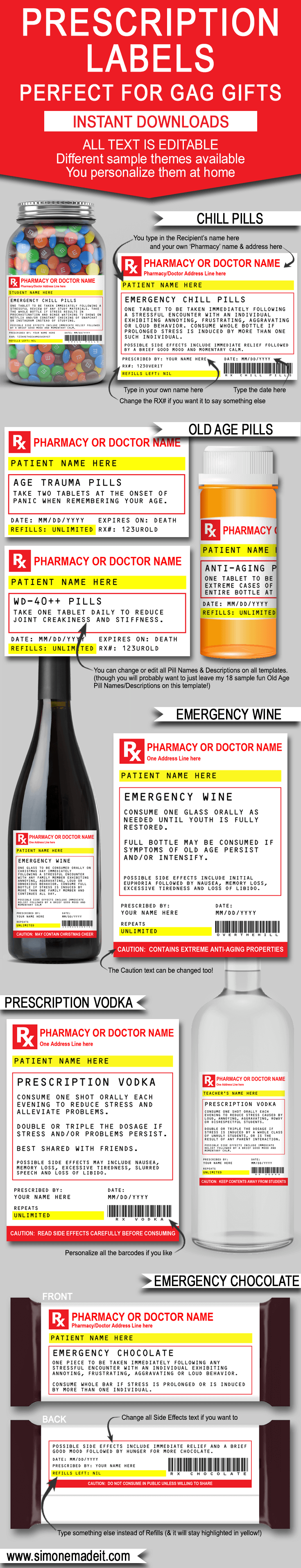 Printable Gag Prescription Label templates | Fake RX Prescriptions with Editable text | Chill Pills | Old Age Pills | Over the Hill | Prescription Wine | Prescription Vodka | Prescription Gin | Emergency Chocolate | Gifts for Mom | Back to School, End of Year Teacher Appreciation gift | Good Luck Studying Student Gift | Christmas Gift | Secret Santa Gift | Kris Kringle Gift | Gifts for friend, office coworker, boss, family | INSTANT DOWNLOAD via simonemadeit.com