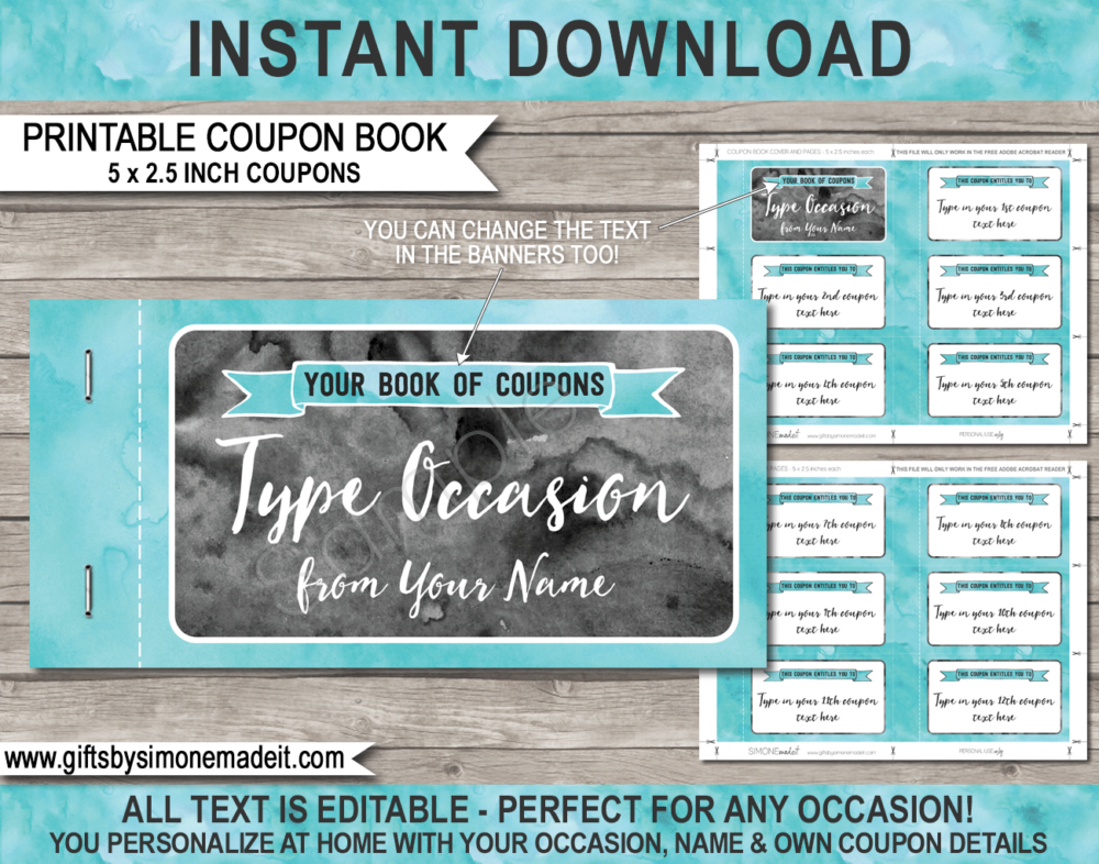 Printable Coupon Book Template | Aqua Watercolor | Custom Personalized Coupons Vouchers | Last Minute Gift Idea | Birthday, Anniversary, Mother's Day, Father's Day, Him, Her, Girlfriend, Boyfriend | INSTANT DOWNLOAD via giftsbysimonemadeit.com