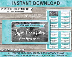 Printable Coupon Book Template | Aqua Watercolor | Custom Personalized Coupons Vouchers | Last Minute Gift Idea | Birthday, Anniversary, Mother's Day, Father's Day, Him, Her, Girlfriend, Boyfriend | INSTANT DOWNLOAD via giftsbysimonemadeit.com