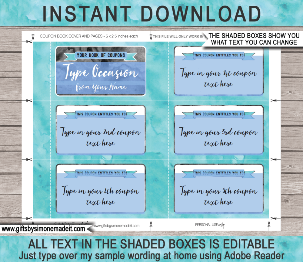 Printable Coupon Book Template | Aqua Watercolor | Custom Personalized Coupons Vouchers | Last Minute Gift Idea | Birthday, Anniversary, Mother's Day, Father's Day, Him, Her, Girlfriend, Boyfriend | INSTANT DOWNLOAD via giftsbysimonemadeit.com