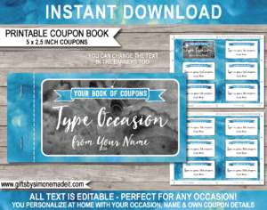 Printable Coupon Book Template | Blue Watercolor | Custom Personalized Coupons Vouchers | Last Minute Gift Idea | Birthday, Anniversary, Mother's Day, Father's Day, Him, Her, Girlfriend, Boyfriend | INSTANT DOWNLOAD via giftsbysimonemadeit.com