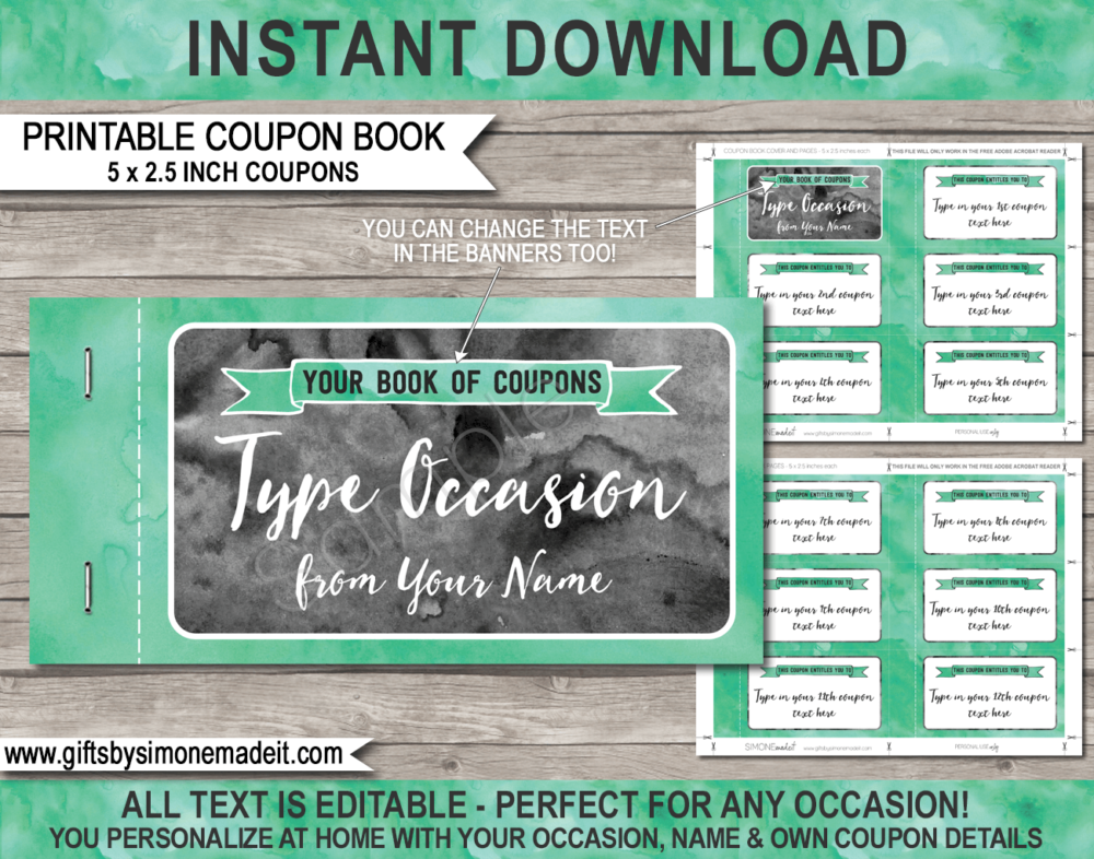 Printable Coupon Book Template | Green Watercolor | Custom Personalized Coupons Vouchers | Last Minute Gift Idea | Birthday, Anniversary, Mother's Day, Father's Day, Him, Her, Girlfriend, Boyfriend | INSTANT DOWNLOAD via giftsbysimonemadeit.com