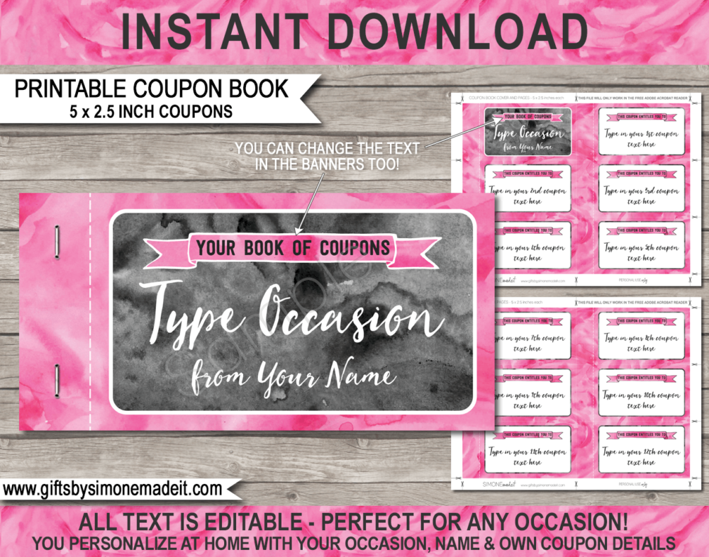 Printable Coupon Book Template | Pink Watercolor | Custom Personalized Coupons Vouchers | Last Minute Gift Idea | Birthday, Anniversary, Mother's Day, Father's Day, Him, Her, Girlfriend, Boyfriend | INSTANT DOWNLOAD via giftsbysimonemadeit.com