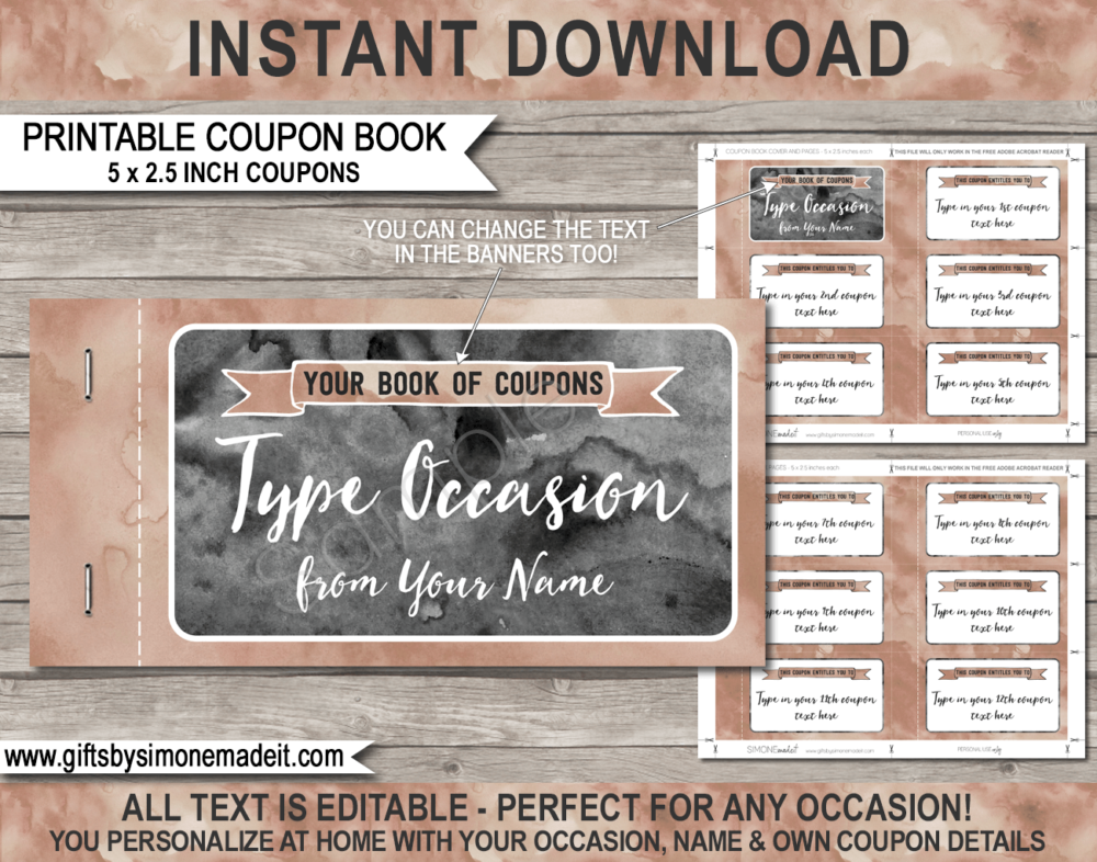 Printable Coupon Book Template | Latte Watercolor | Custom Personalized Coupons Vouchers | Last Minute Gift Idea | Birthday, Anniversary, Mother's Day, Father's Day, Him, Her, Girlfriend, Boyfriend | INSTANT DOWNLOAD via giftsbysimonemadeit.com