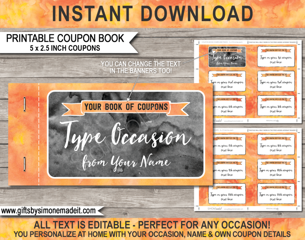 Printable Coupon Book Template | Orange Watercolor | Custom Personalized Coupons Vouchers | Last Minute Gift Idea | Birthday, Anniversary, Mother's Day, Father's Day, Him, Her, Girlfriend, Boyfriend | INSTANT DOWNLOAD via giftsbysimonemadeit.com