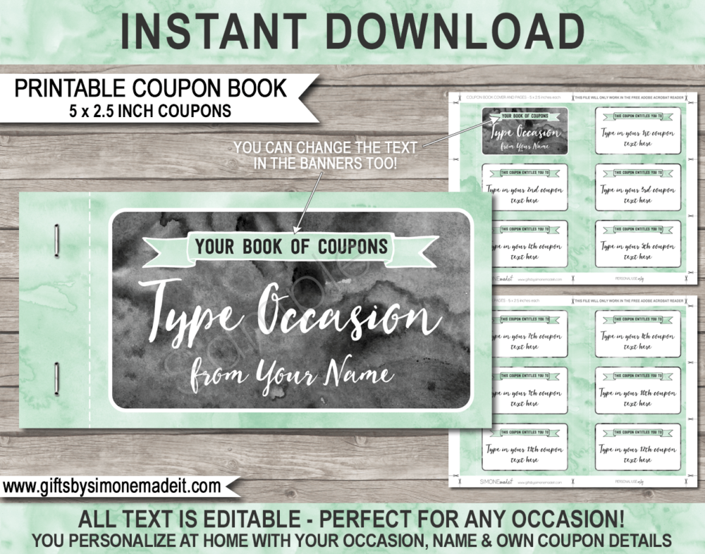 Printable Coupon Book Template | Pale Green Watercolor | Custom Personalized Coupons Vouchers | Last Minute Gift Idea | Birthday, Anniversary, Mother's Day, Father's Day, Him, Her, Girlfriend, Boyfriend | INSTANT DOWNLOAD via giftsbysimonemadeit.com