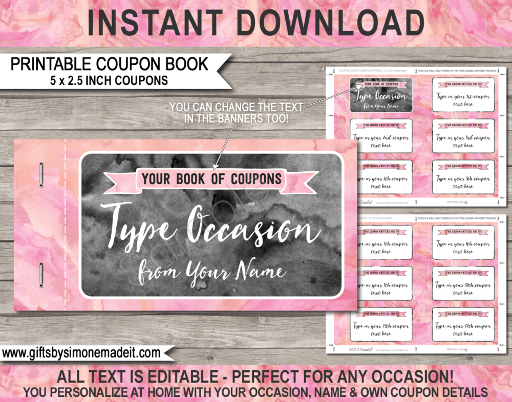 Printable Coupon Book Template | Pale Pink Watercolor | Custom Personalized Coupons Vouchers | Last Minute Gift Idea | Birthday, Anniversary, Mother's Day, Father's Day, Him, Her, Girlfriend, Boyfriend | INSTANT DOWNLOAD via giftsbysimonemadeit.com