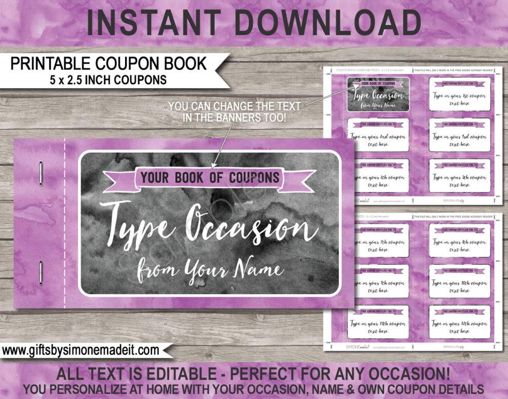 Printable Coupon Book Template | Purple Watercolor | Custom Personalized Coupons Vouchers | Last Minute Gift Idea | Birthday, Anniversary, Mother's Day, Father's Day, Him, Her, Girlfriend, Boyfriend | INSTANT DOWNLOAD via giftsbysimonemadeit.com