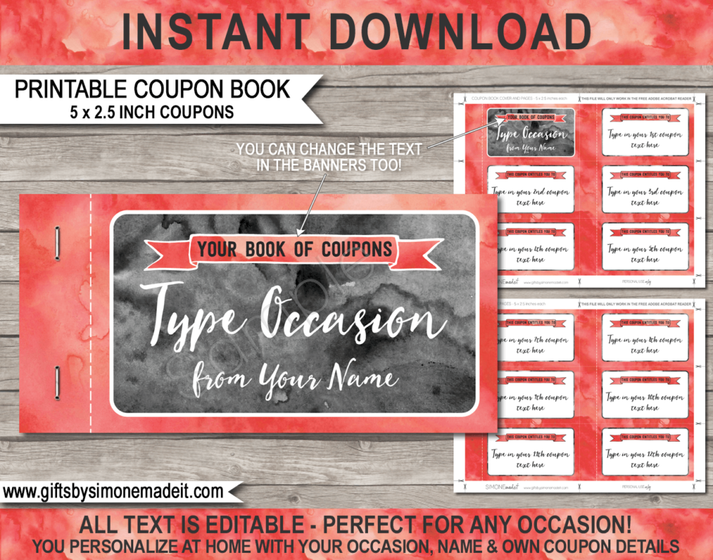 Printable Coupon Book Template | Red Watercolor | Custom Personalized Coupons Vouchers | Last Minute Gift Idea | Birthday, Anniversary, Mother's Day, Father's Day, Him, Her, Girlfriend, Boyfriend | INSTANT DOWNLOAD via giftsbysimonemadeit.com