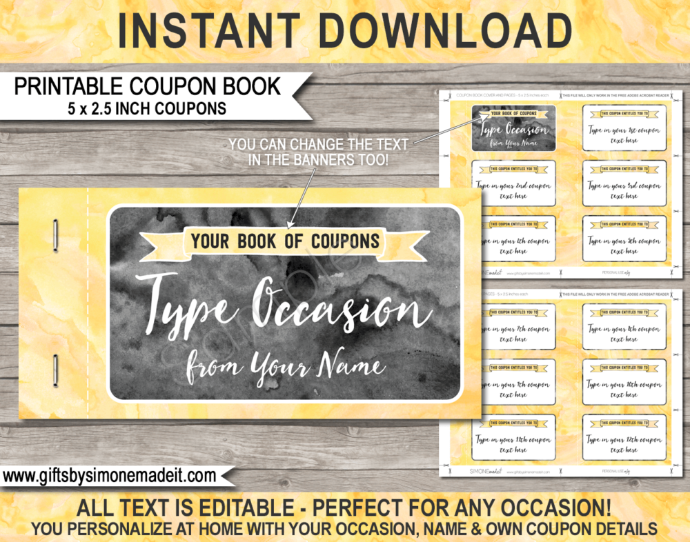 Printable Coupon Book Template | Yellow Watercolor | Custom Personalized Coupons Vouchers | Last Minute Gift Idea | Birthday, Anniversary, Mother's Day, Father's Day, Him, Her, Girlfriend, Boyfriend | INSTANT DOWNLOAD via giftsbysimonemadeit.com