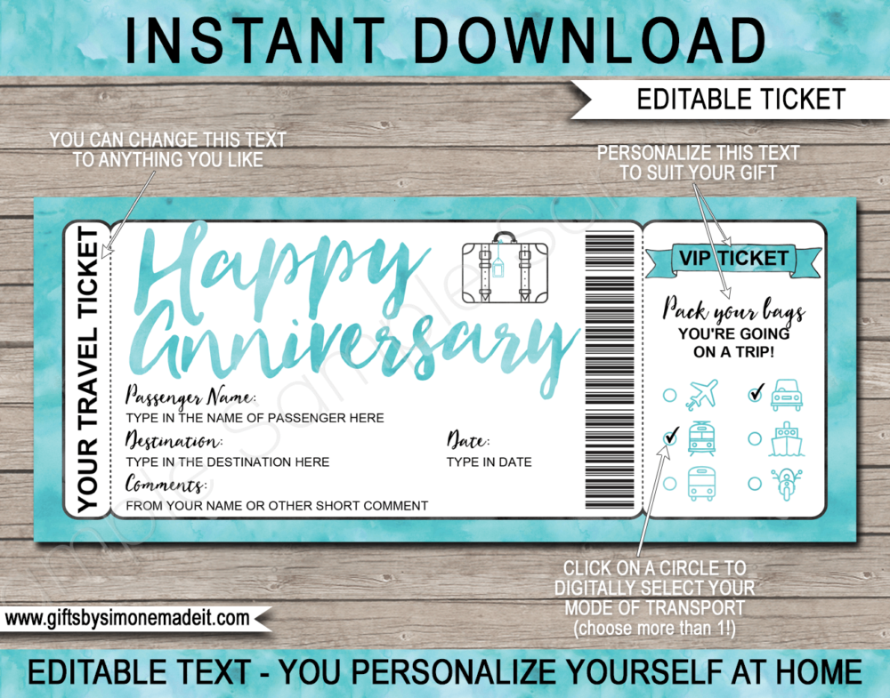 Anniversary Surprise Vacation Travel Ticket Template | Trip Reveal Gift Idea | | Aqua Watercolor | DIY Printable Boarding Pass with Editable Text | Road Trip, Cruise, Train, Plane Flight, Motorbike, Bus | Instant Download via giftsbysimonemadeit.com