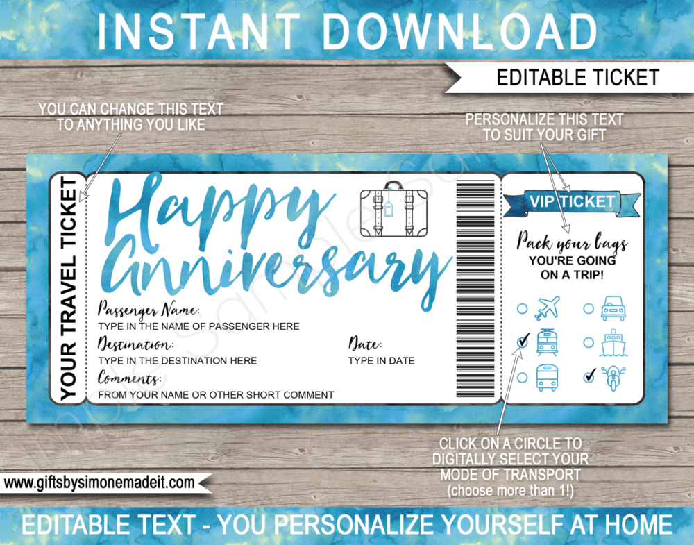 Anniversary Surprise Vacation Travel Ticket Template | Trip Reveal Gift Idea | | Blue Watercolor | DIY Printable Boarding Pass with Editable Text | Road Trip, Cruise, Train, Plane Flight, Motorbike, Bus | Instant Download via giftsbysimonemadeit.com