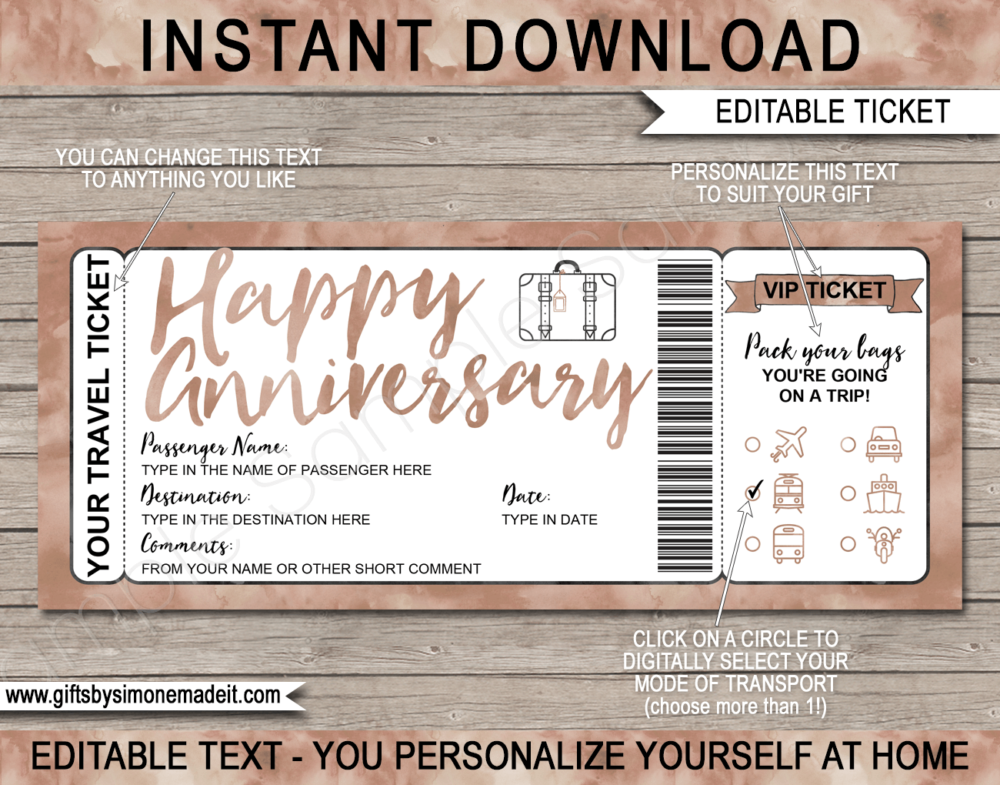 Anniversary Surprise Vacation Travel Ticket Template | Trip Reveal Gift Idea | | Latte Watercolor | DIY Printable Boarding Pass with Editable Text | Road Trip, Cruise, Train, Plane Flight, Motorbike, Bus | Instant Download via giftsbysimonemadeit.com