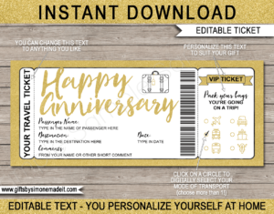 Anniversary Holiday Travel Ticket Reveal Gift Idea Template | Surprise Trip | Travel Ticket | Gold Glitter | DIY Printable Boarding Pass with Editable Text | Road Trip, Cruise, Train, Plane Flight, Motorbike, Bus | Instant Download via giftsbysimonemadeit.com