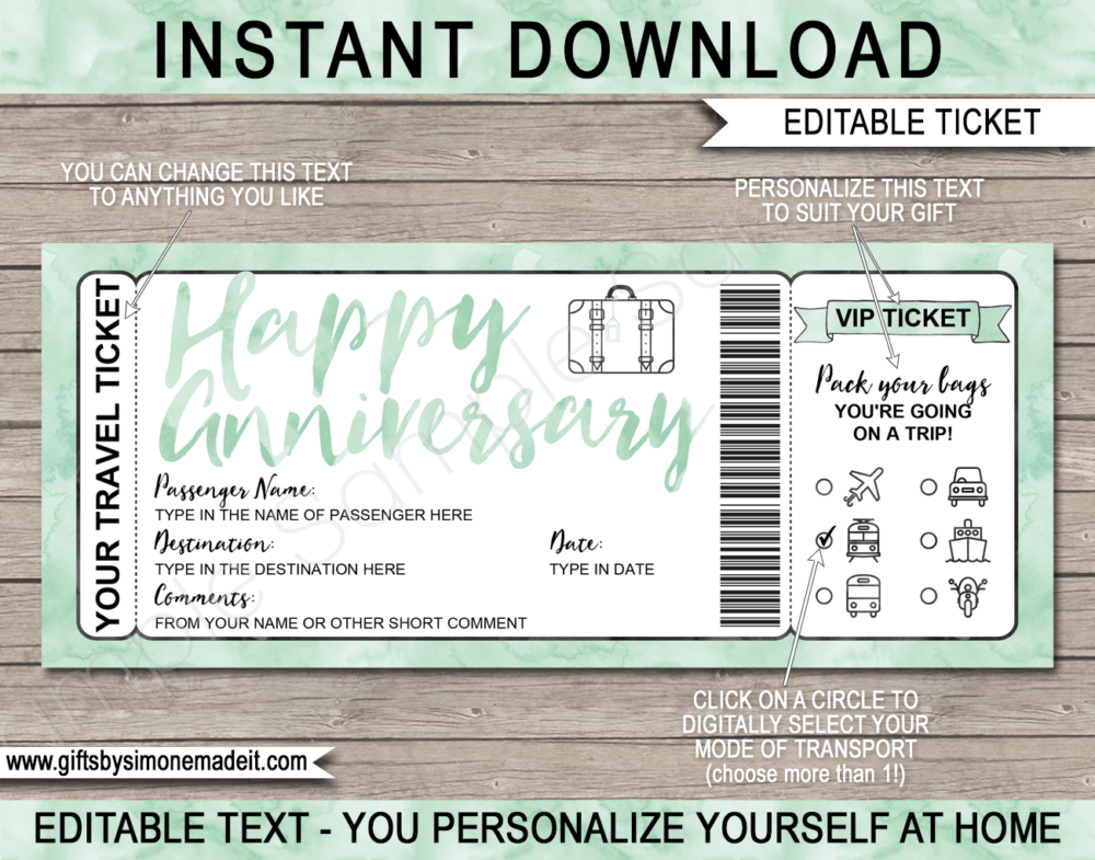 Anniversary Surprise Vacation Travel Ticket Template | Trip Reveal Gift Idea | | Mint Green Watercolor | DIY Printable Boarding Pass with Editable Text | Road Trip, Cruise, Train, Plane Flight, Motorbike, Bus | Instant Download via giftsbysimonemadeit.com