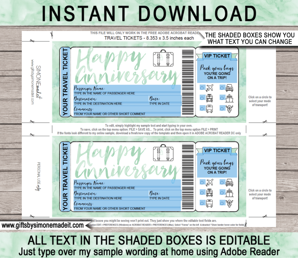 Anniversary Surprise Vacation Travel Ticket Template | Trip Reveal Gift Idea | | Mint Green Watercolor | DIY Printable Boarding Pass with Editable Text | Road Trip, Cruise, Train, Plane Flight, Motorbike, Bus | Instant Download via giftsbysimonemadeit.com