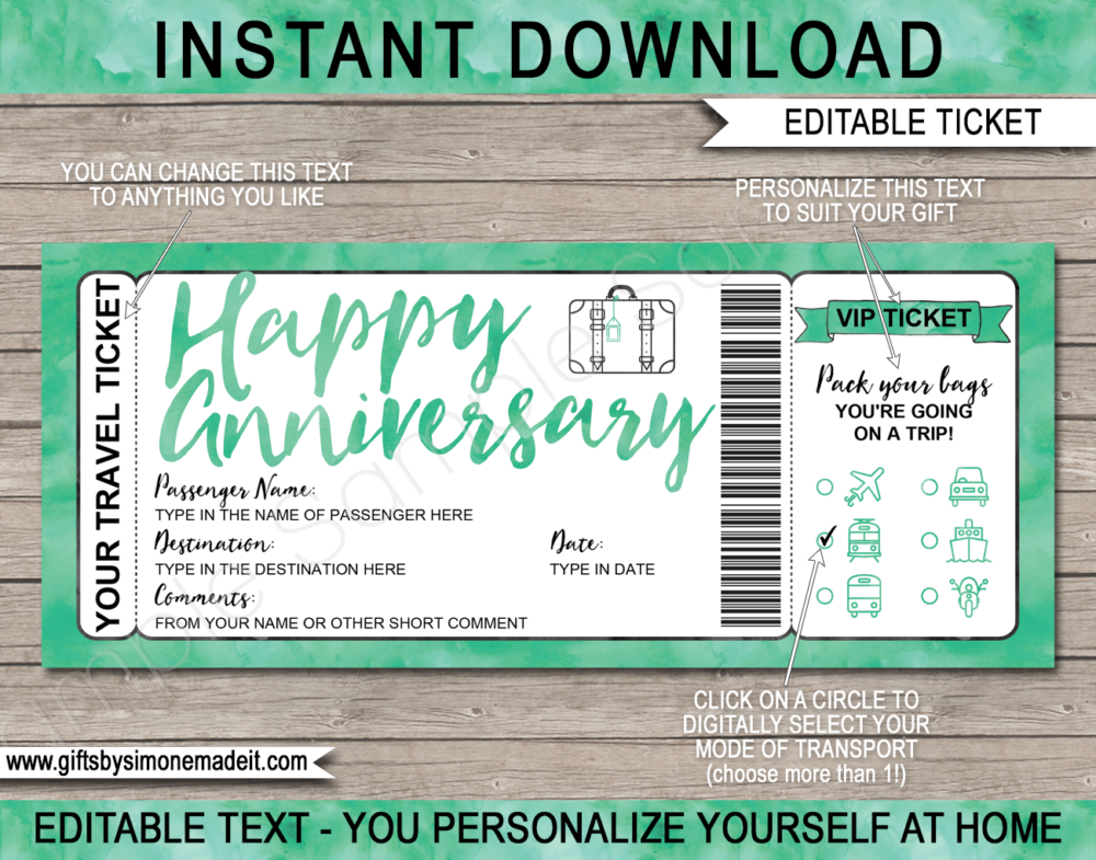 Anniversary Surprise Vacation Travel Ticket Template | Trip Reveal Gift Idea | | Green Watercolor | DIY Printable Boarding Pass with Editable Text | Road Trip, Cruise, Train, Plane Flight, Motorbike, Bus | Instant Download via giftsbysimonemadeit.com