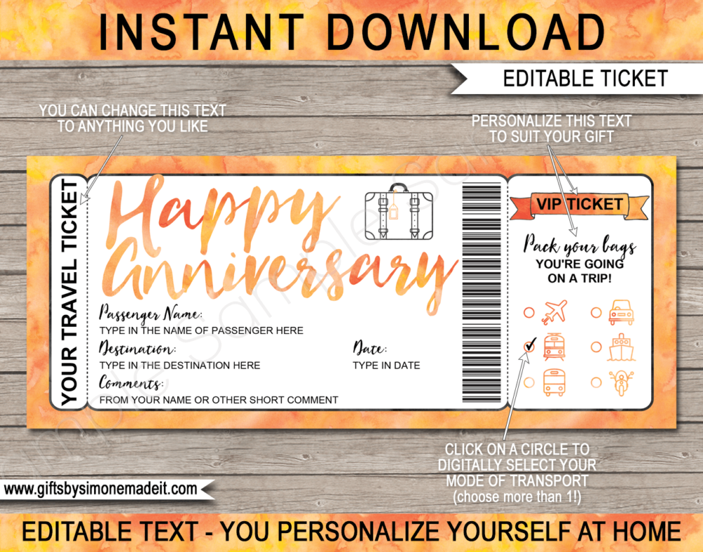 Anniversary Surprise Vacation Travel Ticket Template | Trip Reveal Gift Idea | | Orange Watercolor | DIY Printable Boarding Pass with Editable Text | Road Trip, Cruise, Train, Plane Flight, Motorbike, Bus | Instant Download via giftsbysimonemadeit.com