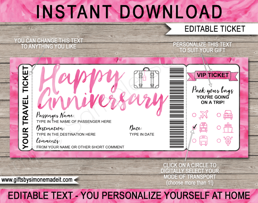 Anniversary Surprise Vacation Travel Ticket Template | Trip Reveal Gift Idea | | Pink Watercolor | DIY Printable Boarding Pass with Editable Text | Road Trip, Cruise, Train, Plane Flight, Motorbike, Bus | Instant Download via giftsbysimonemadeit.com