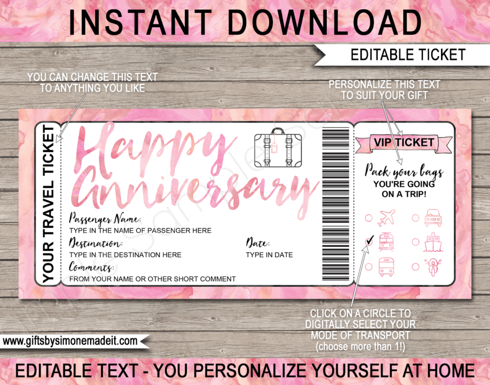Anniversary Surprise Vacation Travel Ticket Template | Trip Reveal Gift Idea | | Pale Pink Watercolor | DIY Printable Boarding Pass with Editable Text | Road Trip, Cruise, Train, Plane Flight, Motorbike, Bus | Instant Download via giftsbysimonemadeit.com