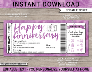 Anniversary Surprise Vacation Travel Ticket Template | Trip Reveal Gift Idea | | Purple Watercolor | DIY Printable Boarding Pass with Editable Text | Road Trip, Cruise, Train, Plane Flight, Motorbike, Bus | Instant Download via giftsbysimonemadeit.com