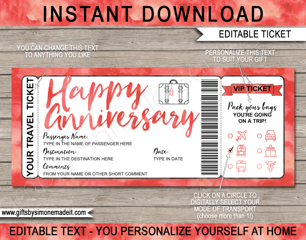 Anniversary Surprise Vacation Travel Ticket Template | Trip Reveal Gift Idea | | Red Watercolor | DIY Printable Boarding Pass with Editable Text | Road Trip, Cruise, Train, Plane Flight, Motorbike, Bus | Instant Download via giftsbysimonemadeit.com