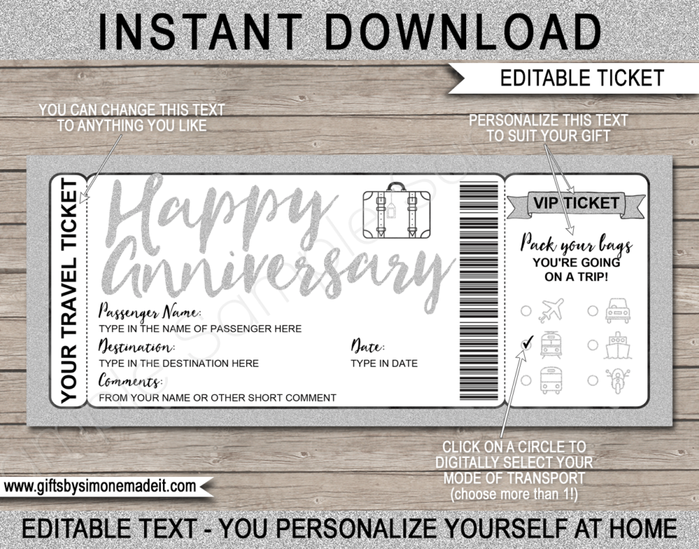 Anniversary Holiday Travel Ticket Reveal Gift Idea Template | Surprise Trip | Travel Ticket | Silver Glitter | DIY Printable Boarding Pass with Editable Text | Road Trip, Cruise, Train, Plane Flight, Motorbike, Bus | Instant Download via giftsbysimonemadeit.com
