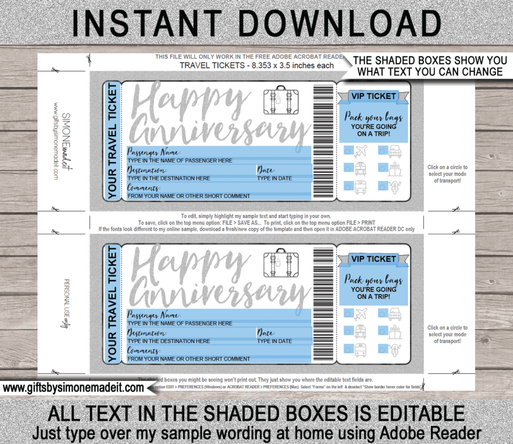 Anniversary Holiday Travel Ticket Reveal Gift Idea Template | Surprise Trip | Travel Ticket | Silver Glitter | DIY Printable Boarding Pass with Editable Text | Road Trip, Cruise, Train, Plane Flight, Motorbike, Bus | Instant Download via giftsbysimonemadeit.com