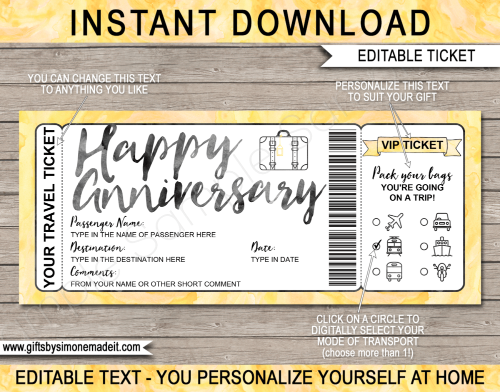 Anniversary Surprise Vacation Travel Ticket Template | Trip Reveal Gift Idea | | Yellow Watercolor | DIY Printable Boarding Pass with Editable Text | Road Trip, Cruise, Train, Plane Flight, Motorbike, Bus | Instant Download via giftsbysimonemadeit.com