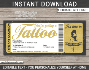 Tattoo Gift Certificate Card Template | DIY Gift Voucher | Gold 50's Pinup Tattoo Design | Editable Text | Birthday, Anniversary, Graduation, Congratulations | Instant Download via www.giftsbysimonemadeit.com