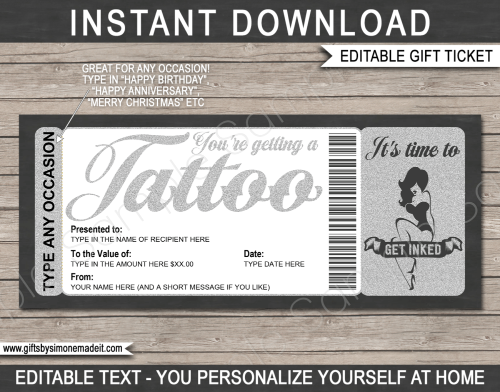 Printable Tattoo Gift Certificate Card Template | DIY Gift Voucher | Silver 50's Pinup Tattoo Design | Editable Text | Birthday, Anniversary, Graduation, Congratulations | Instant Download via www.giftsbysimonemadeit.com