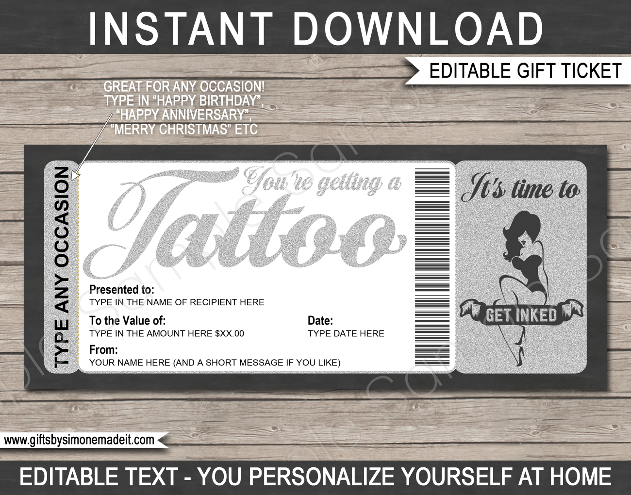 Tattoo Gift Certificate Card Template DIY Printable Gift Voucher Tattoo Gift Certificate Card Template DIY Printable Gift Voucher
