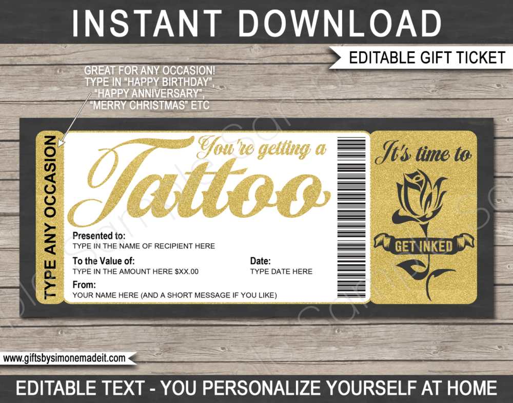 Tattoo Gift Certificate Card Template | DIY Gift Voucher | Gold Rose Flower Tattoo Design | Editable Text | Birthday, Anniversary, Graduation, Congratulations | Instant Download via www.giftsbysimonemadeit.com