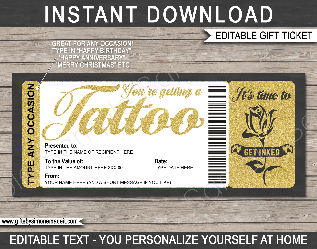 Tattoo Gift Certificate Card Template DIY Printable Gift Voucher