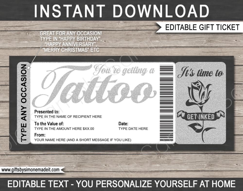 Printable Tattoo Gift Certificate Card Template | DIY Gift Voucher | Silver Rose Tattoo Design | Editable Text | Birthday, Anniversary, Graduation, Congratulations | Instant Download via www.giftsbysimonemadeit.com