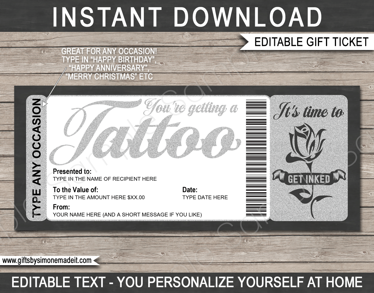Tattoo Gift Certificate Card Template | DIY Printable Gift Voucher