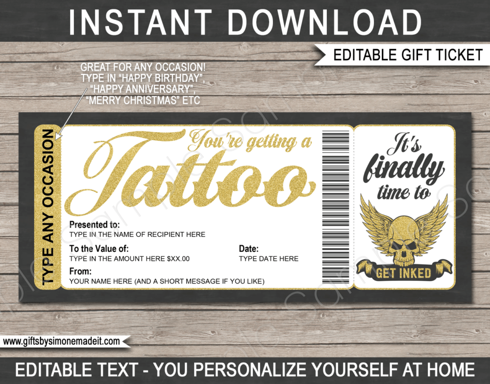Tattoo Gift Certificate Card Template | DIY Gift Voucher | Gold Human Skull with Wings Tattoo Design | Editable Text | Birthday, Anniversary, Graduation, Congratulations | Instant Download via www.giftsbysimonemadeit.com