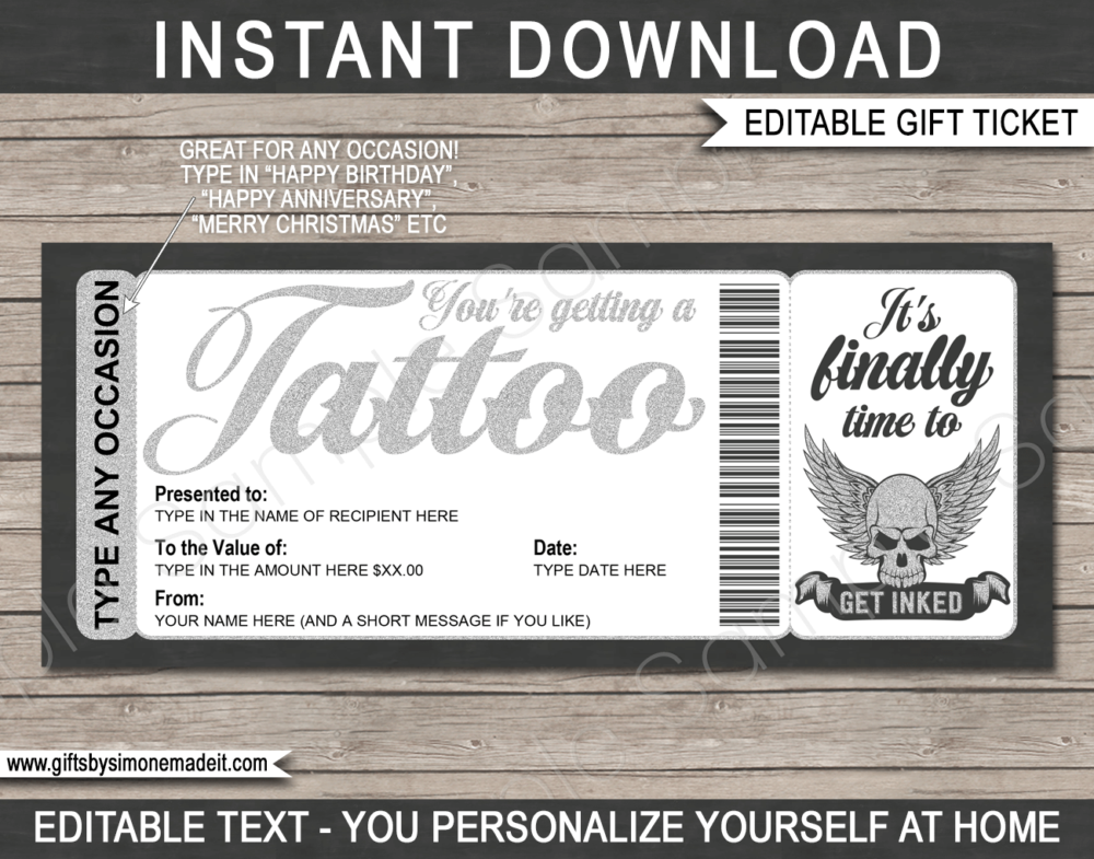 Printable Tattoo Gift Certificate Card Template | DIY Gift Voucher | Silver Human Skull with Wings Tattoo Design | Editable Text | Birthday, Anniversary, Graduation, Congratulations | Instant Download via www.giftsbysimonemadeit.com