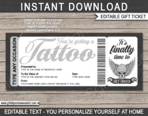 Printable Tattoo Gift Certificate Card Template | DIY Gift Voucher | Silver Human Skull with Wings Tattoo Design | Editable Text | Birthday, Anniversary, Graduation, Congratulations | Instant Download via www.giftsbysimonemadeit.com